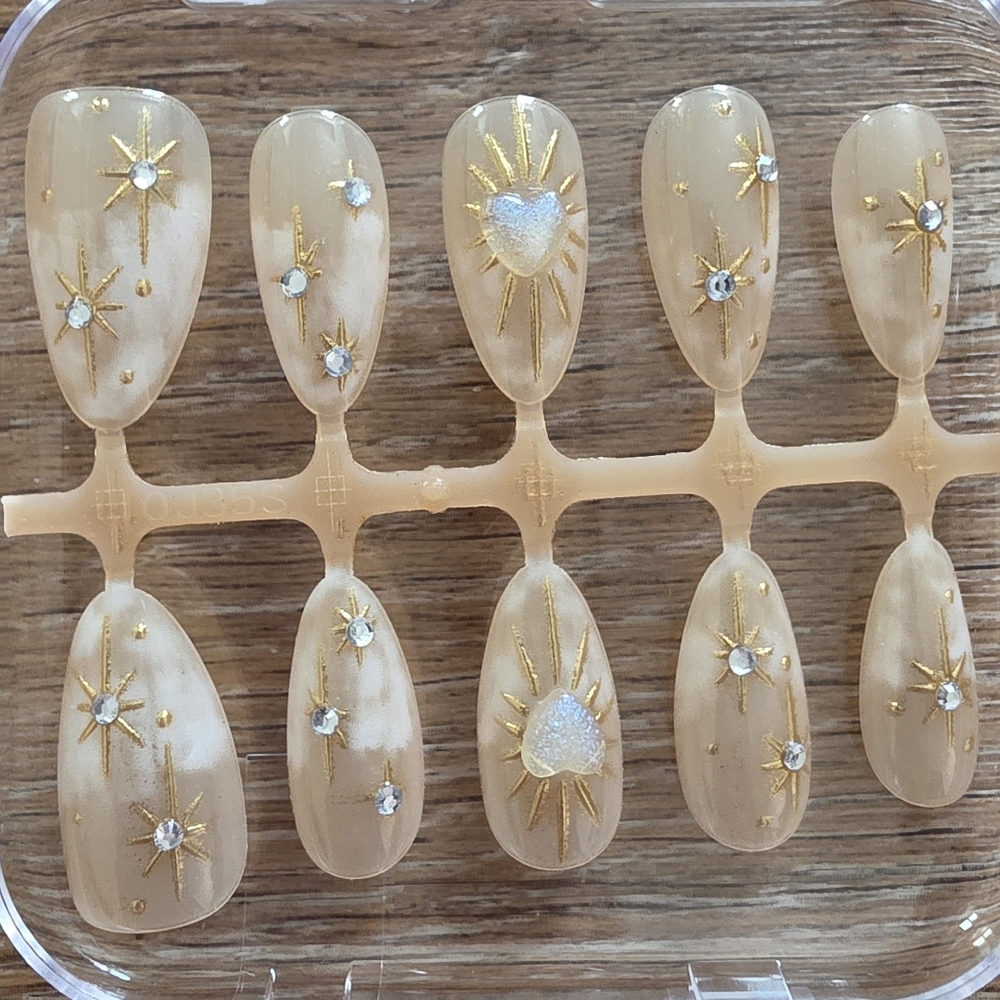 Celestial Gold Starburst Press-On Nails | 3D Heart Accents | Size Small